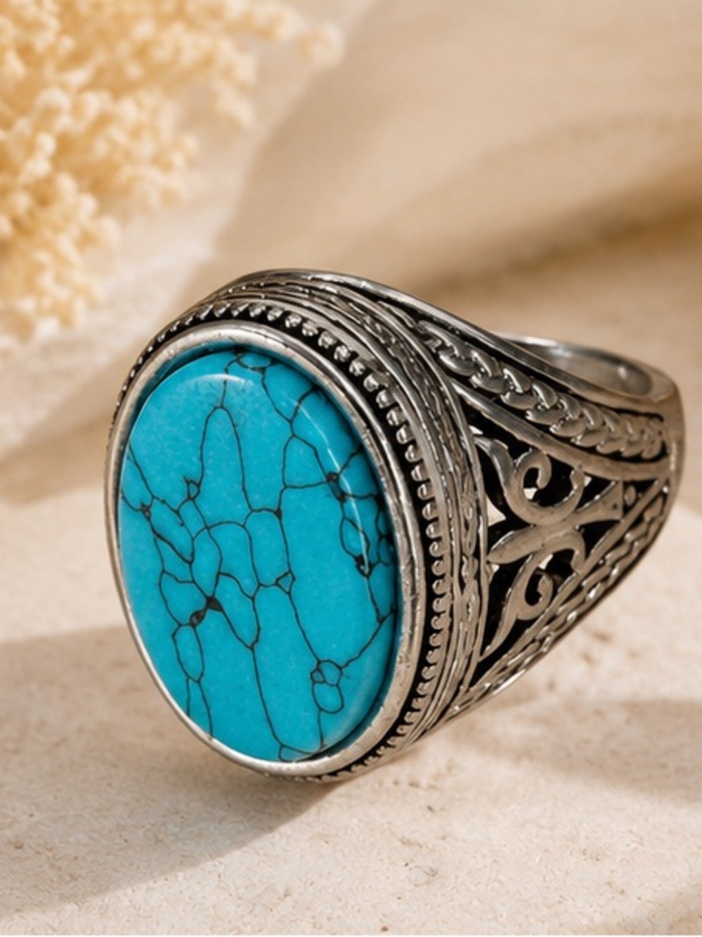 Vintage Style Turquoise Statement Ring – Silver  Filigree